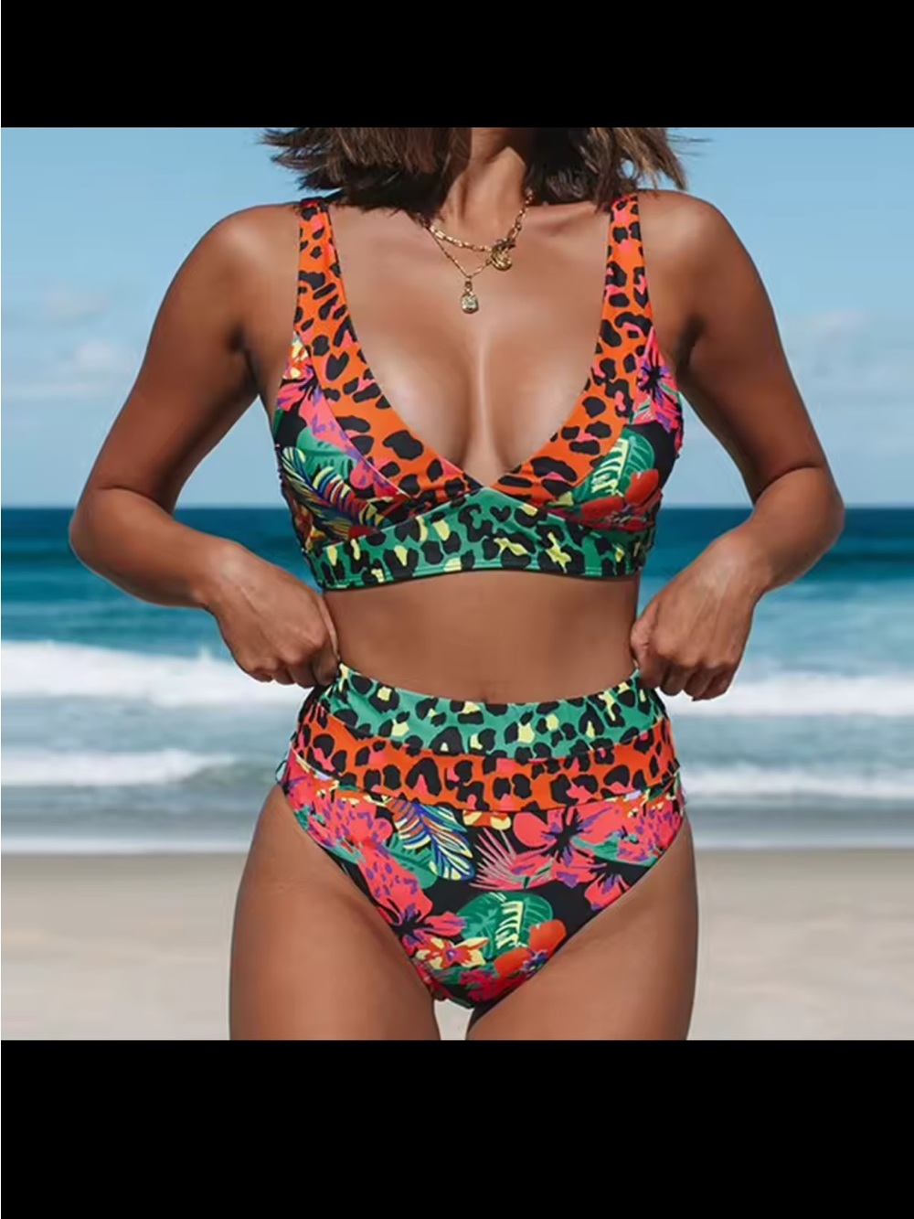 Tropical Leopard High-Waist Bikini Set - Green & Orange